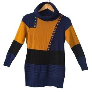 Womens Colorblock Cowl Neck Tunic Sweater Navy Yellow Black Contrast Stitching